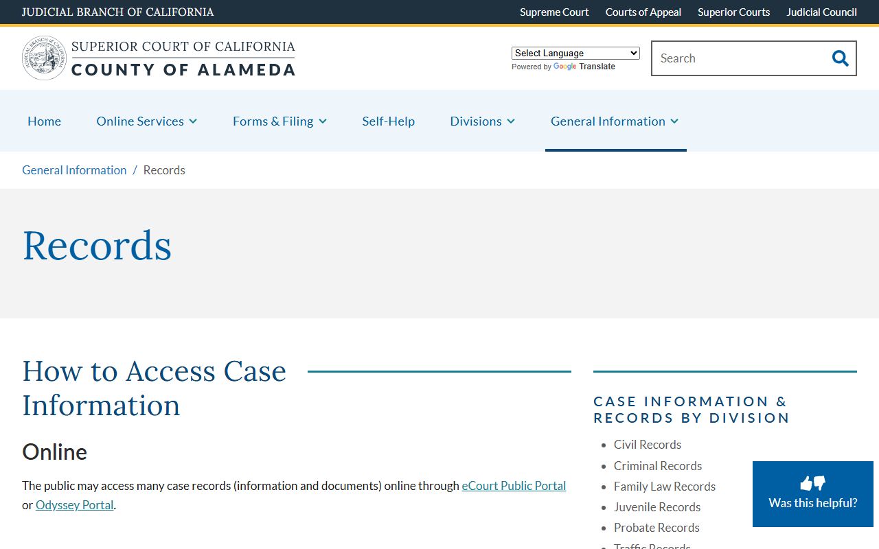 Alameda County Superior Court records information page