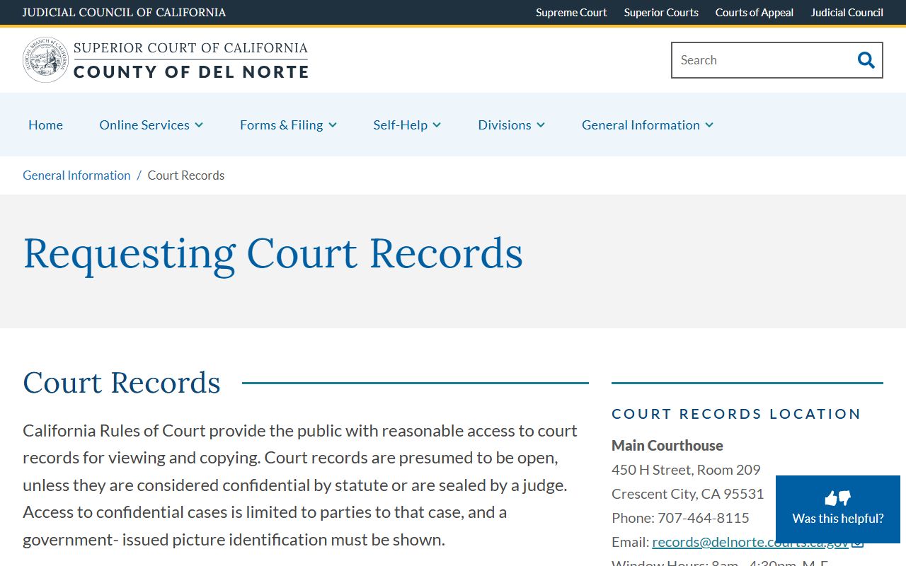 Del Norte County Superior Court records information page