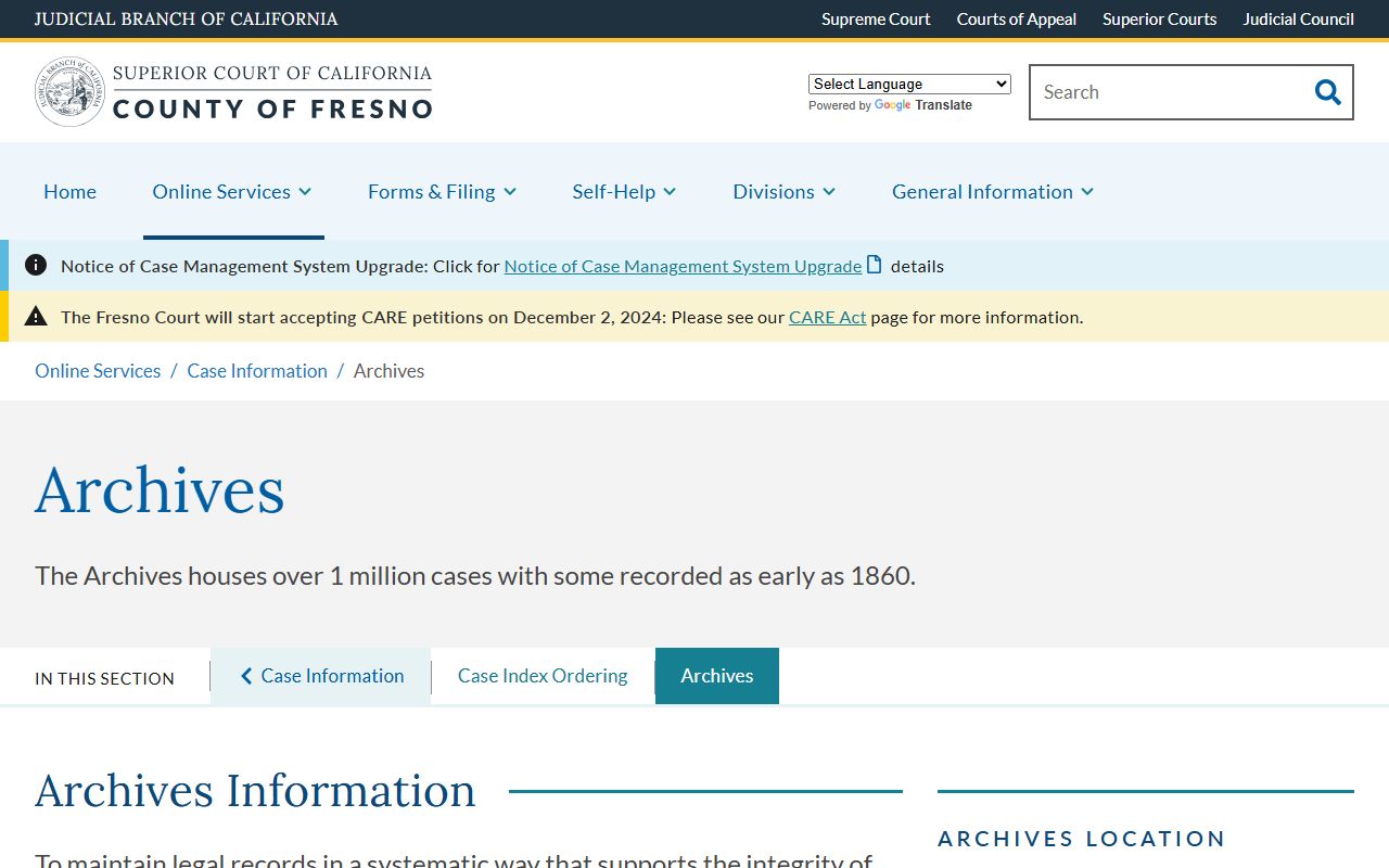 Fresno County Superior Court Archives Division information page