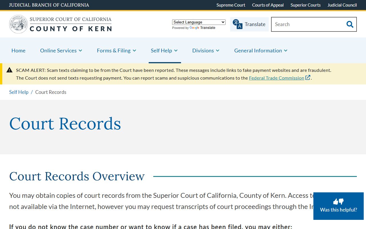 Kern County Superior Court records information page