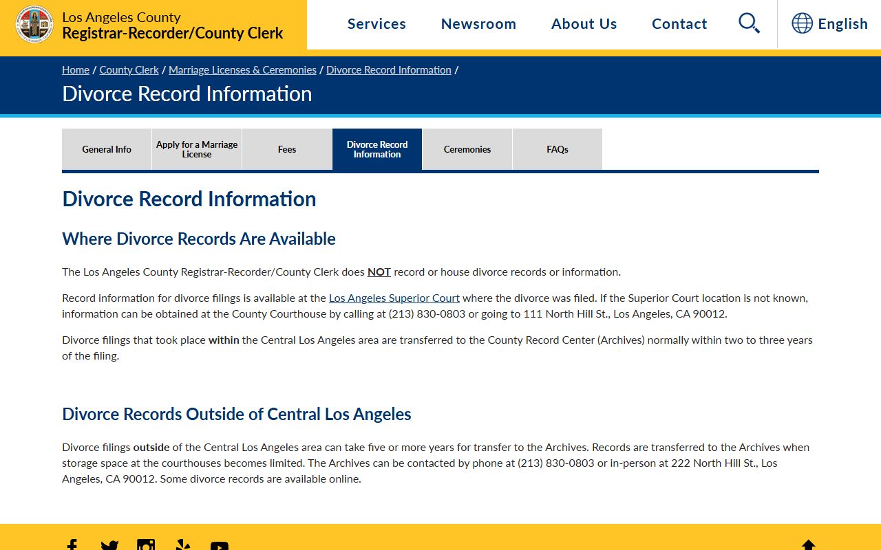 Los Angeles County Clerk divorce records information page