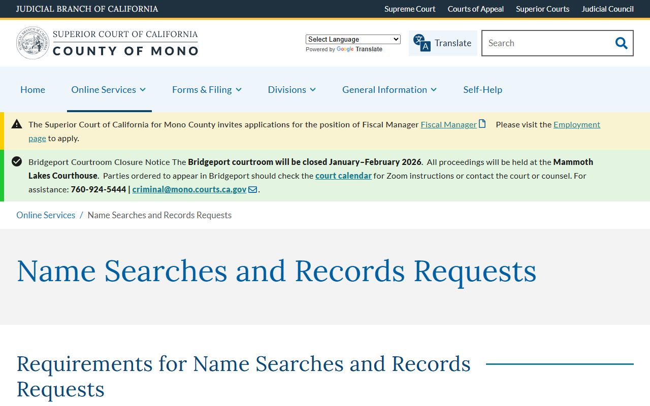 Mono County Superior Court name searches and records requests page