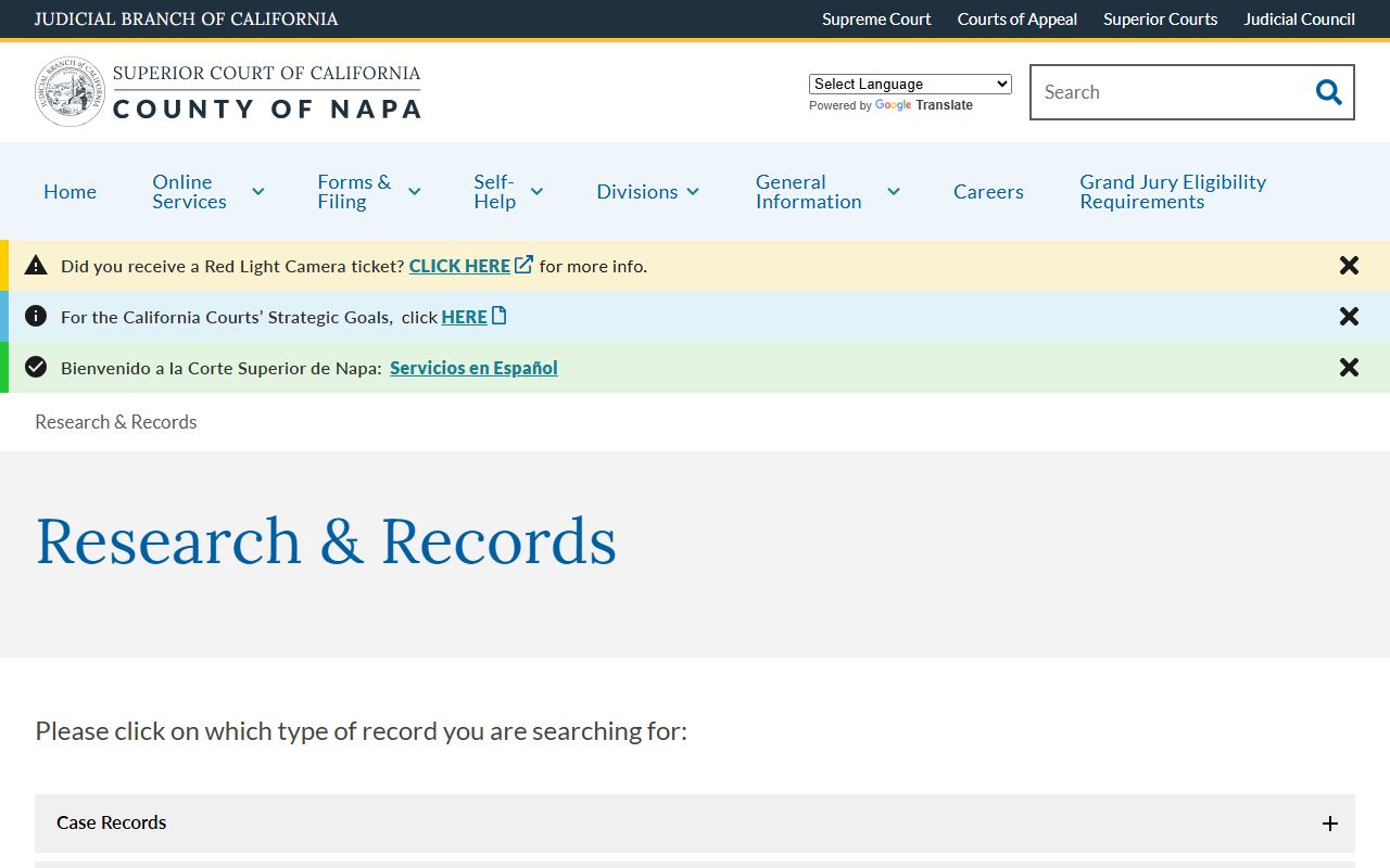 Napa County Superior Court research and records information page