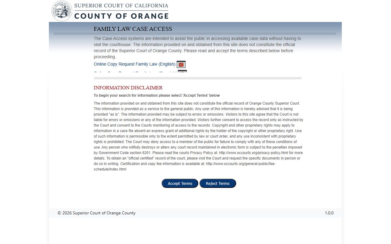 Orange County family law online portal for case search and ordering