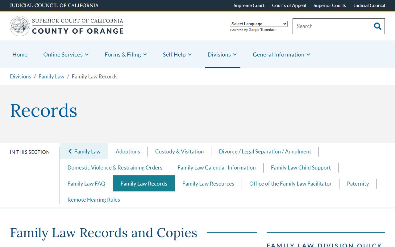 Orange County Superior Court family law records information page
