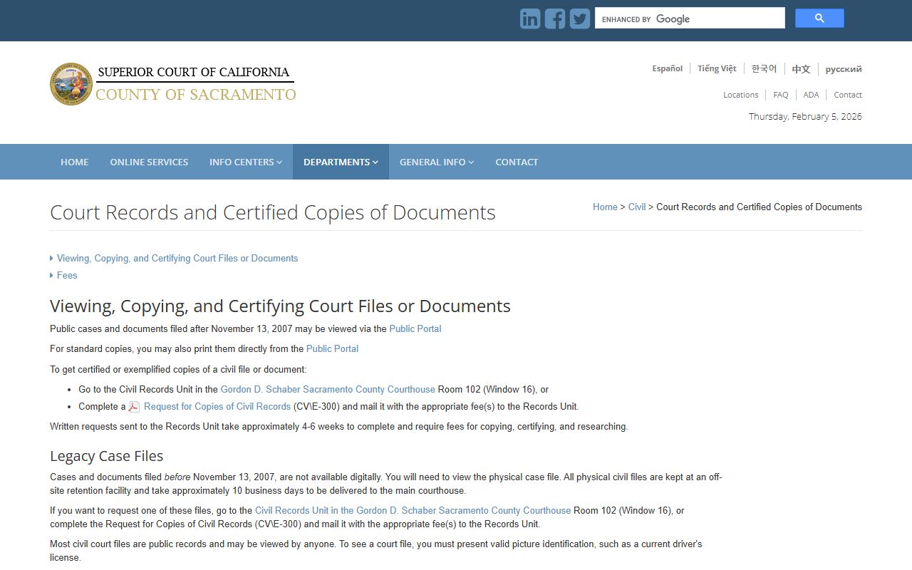 Sacramento County court records information page