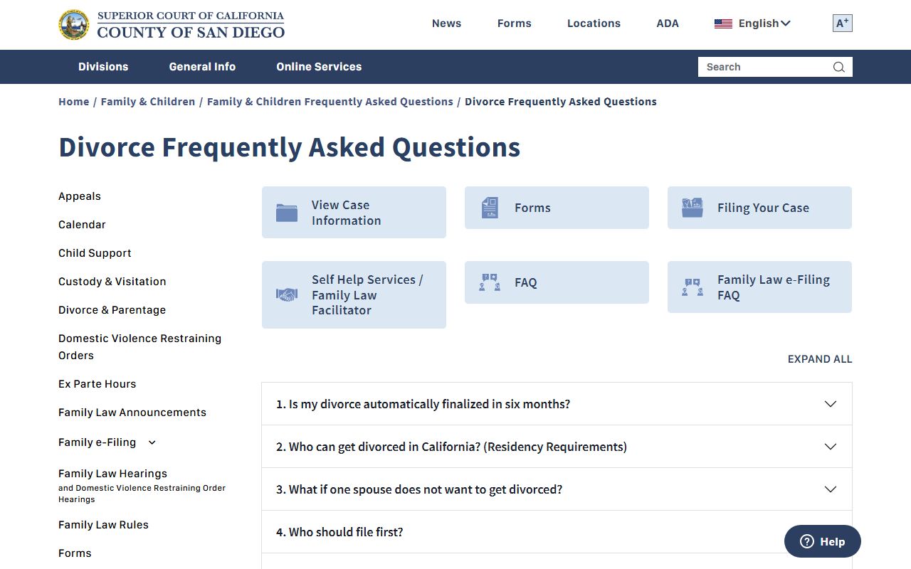 San Diego County Superior Court divorce FAQ page