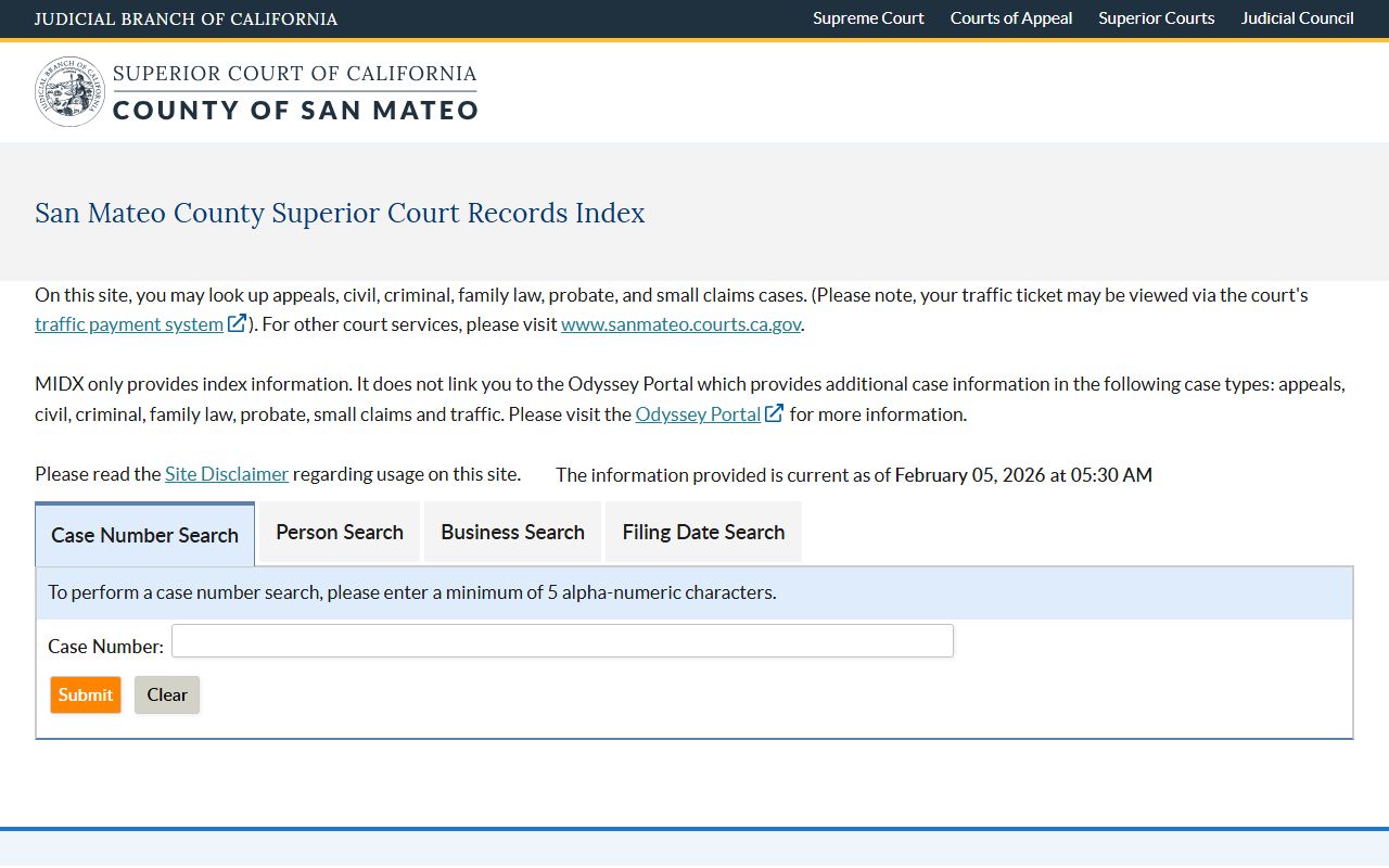 San Mateo County MIDX online case index