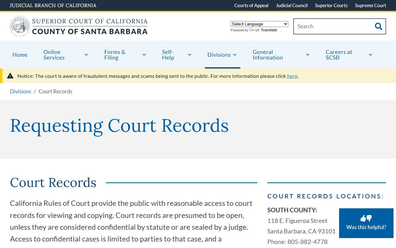 Santa Barbara County Superior Court records page