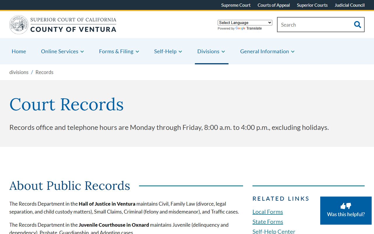 Ventura County Superior Court records division information page