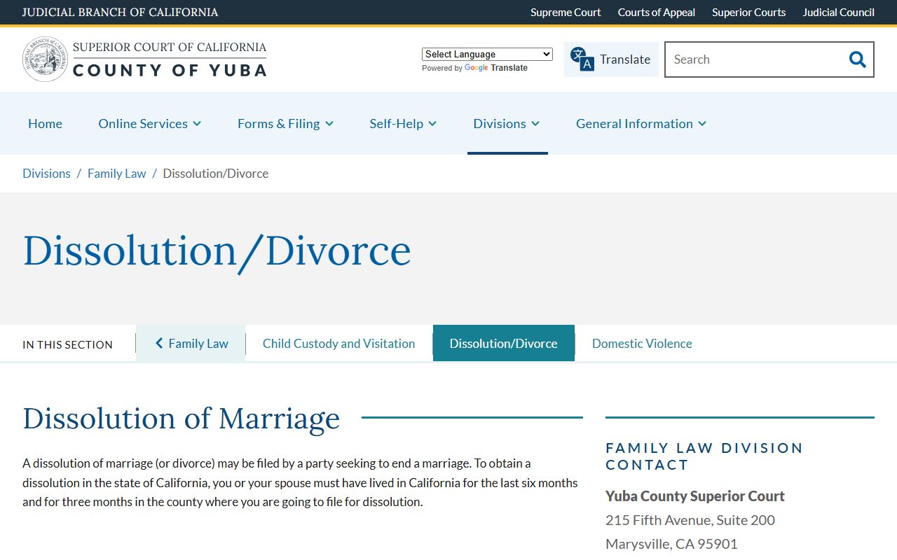 Yuba County Superior Court divorce frequently asked questions page