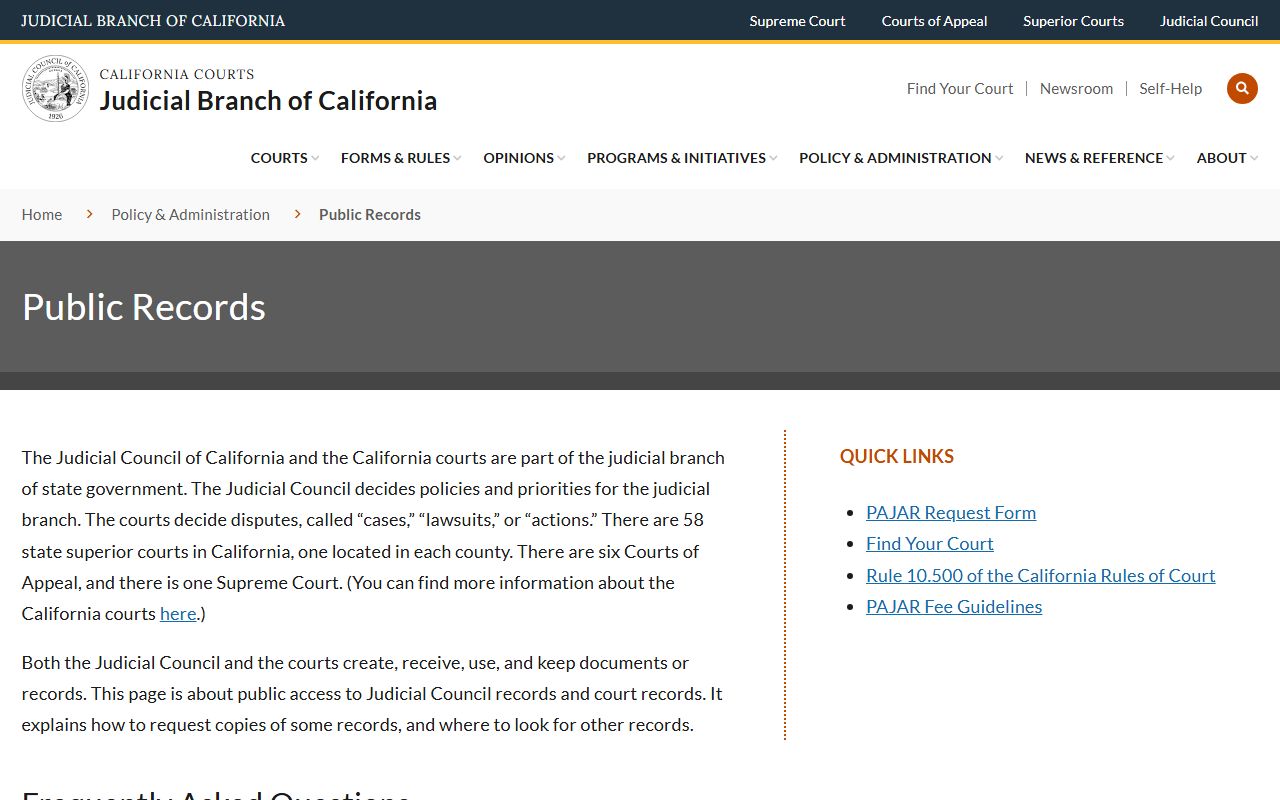 California Courts public records information and access guidelines