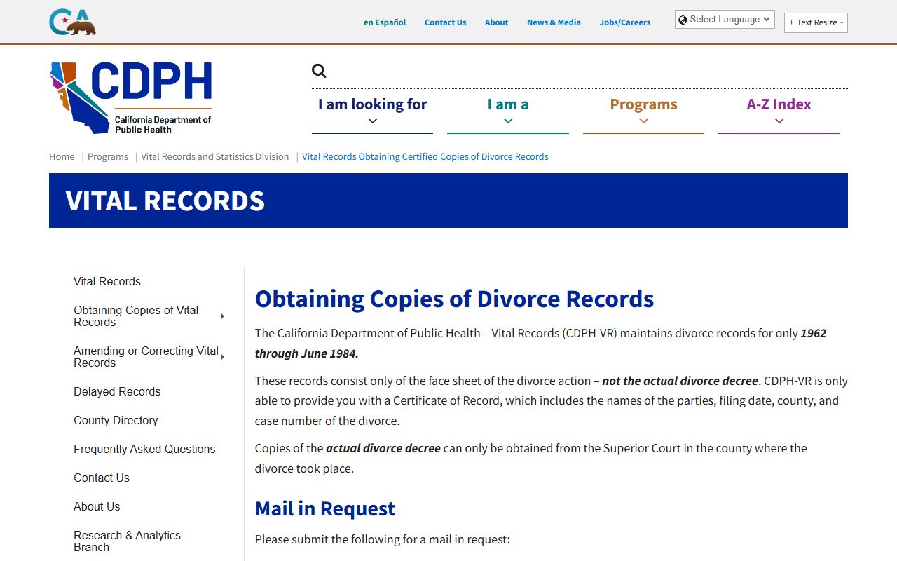 CDPH Vital Records page explaining divorce record availability and limitations