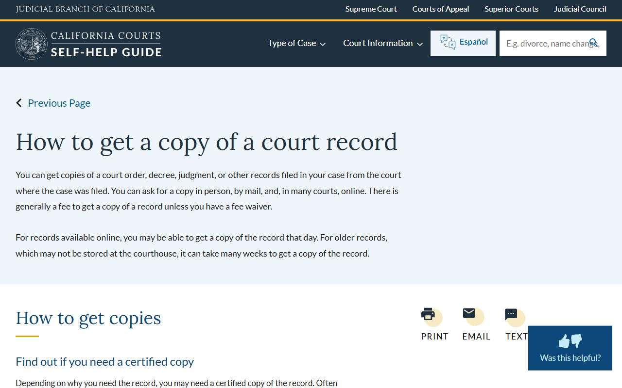 California Courts self-help page showing how to get copies of divorce records